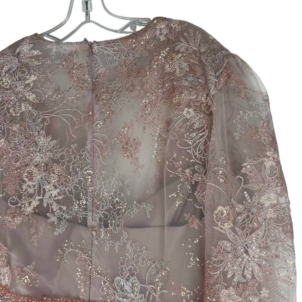 Mac Duggal Embellished Illusion Long Sleeve Midi Dress Rose Size 22 - Picture 10 of 13